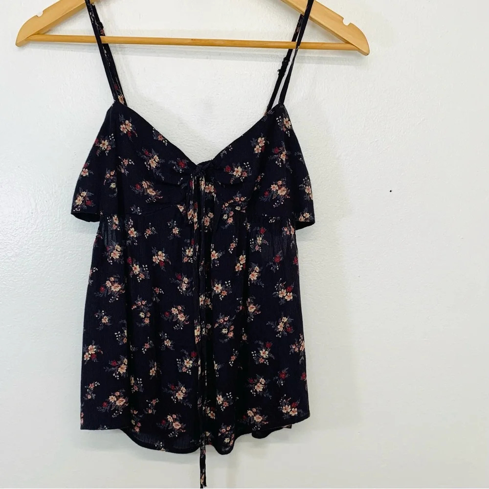American Eagle Baby Doll Top Small ‎ Y2K Dark Blue Floral Smocked Strappy Cutout